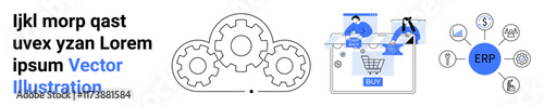 Gears symbolizing workflow automation, team collaborating over an e-commerce platform, ERP network connecting business elements. Ideal for business strategy, digital transformation, process