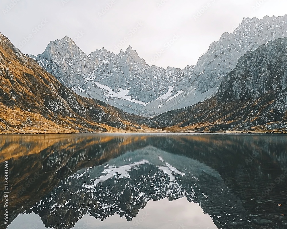 Fototapeta Mountain lake reflecting majestic peaks at sunrise.