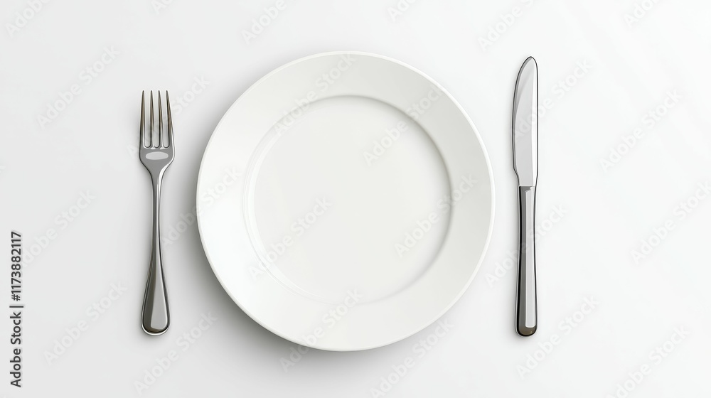 Empty plate, fork, knife, white background. Empty plate, fork, knife, white background.