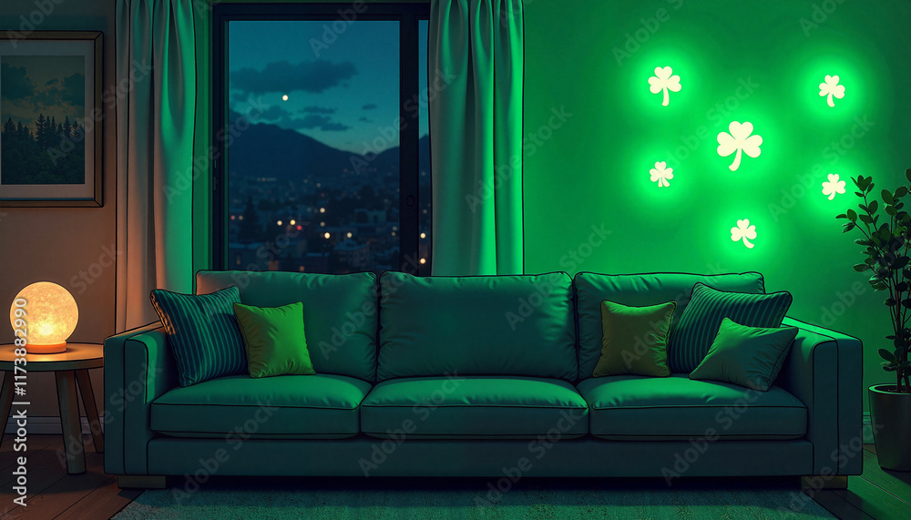 Cozy living room with green couch and decorative shamrocks Cozy living room with green couch and decorative shamrocks
