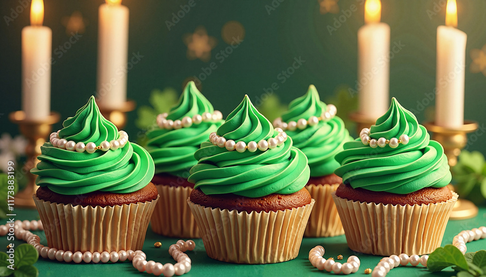 Green cupcakes decorated with pearls on festive background Green cupcakes decorated with pearls on festive background