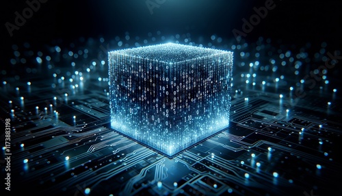 Quantum computer CPU core, blockchain cubes, data sorting, and AI concept background in 3D, code details.