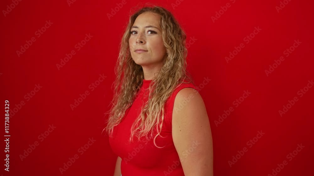 Young woman with blonde curly hair, looking surprised with hands on her face, standing against a bright red background wall, expressing shock and excitement. Young woman with blonde curly hair, looking surprised with hands on her face, standing against a bright red background wall, expressing shock and excitement.
