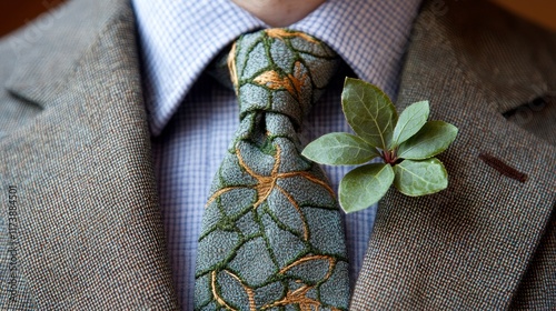 Close-up of a man's suit, patterned tie, and leaf lapel pin. photo