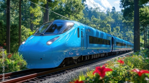 A sleek blue bullet train speeds through a lush green forest. Ideal for travel, transportation, and nature-themed projects. photo