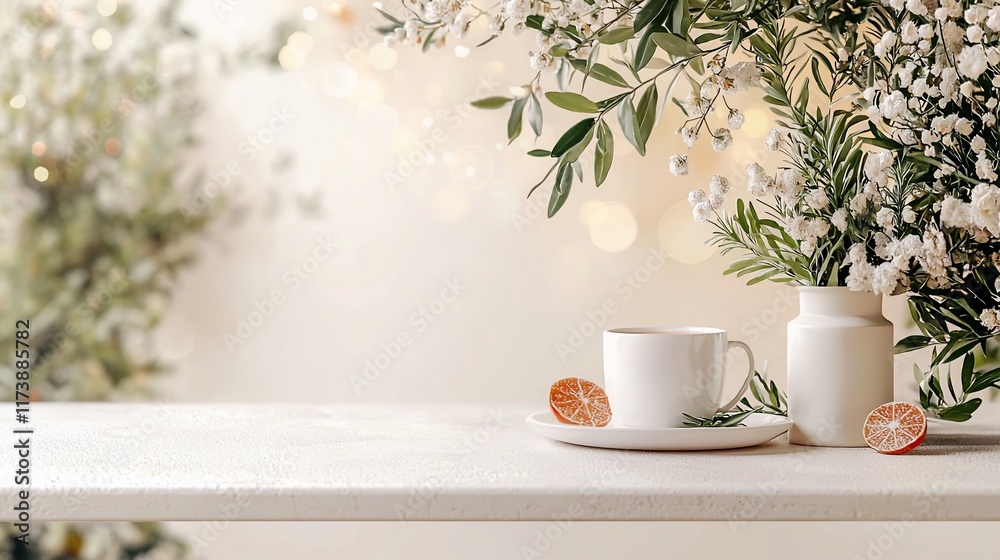 Fototapeta premium White teacup, flowers, and citrus on table.