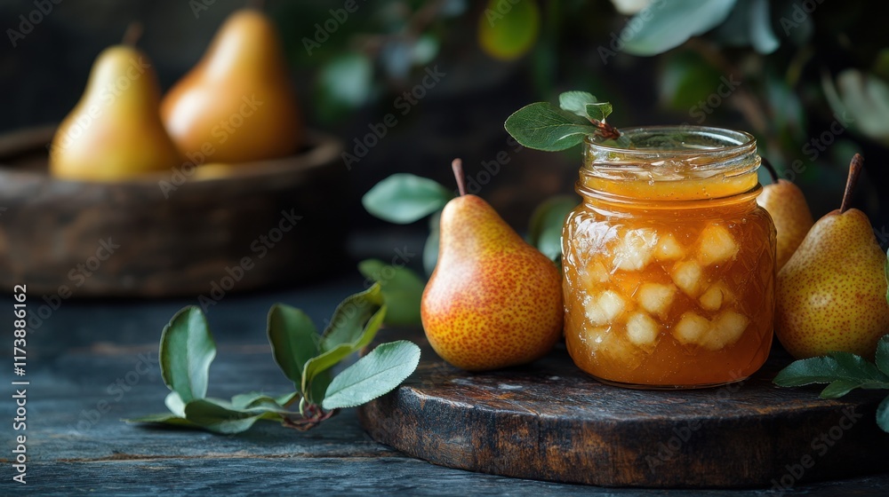 Delicious pear preserves in a rustic jar surrounded by fresh fruit and greenery evoke warmth and home cooking. Generative AI Delicious pear preserves in a rustic jar surrounded by fresh fruit and greenery evoke warmth and home cooking. Generative AI