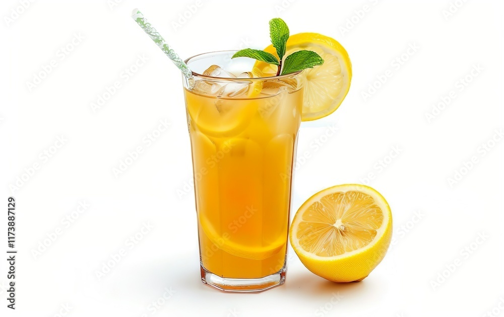 Cold caffeinated lemonade isolated on white background. Glass with a straw, mint and slices of lemon. Copy space, minimalistic banner design. Refreshing drink concept. Cold caffeinated lemonade isolated on white background. Glass with a straw, mint and slices of lemon. Copy space, minimalistic banner design. Refreshing drink concept.