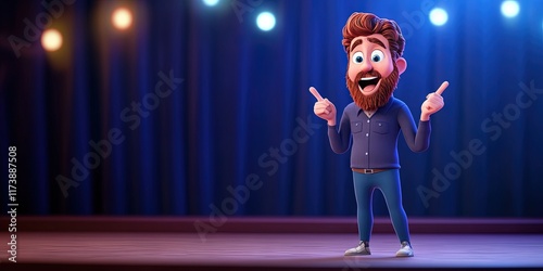 3D animation stand-up comedian telling joke on stage