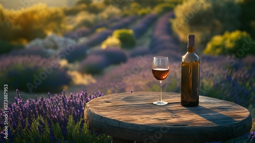 bottle and glass of wine served on lavender field.	
