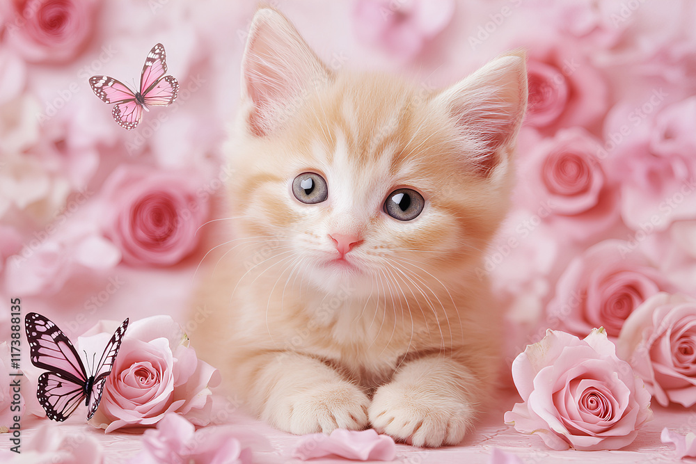 Cute kitten is laying on a bed of pink roses and a butterfly Cute kitten is laying on a bed of pink roses and a butterfly