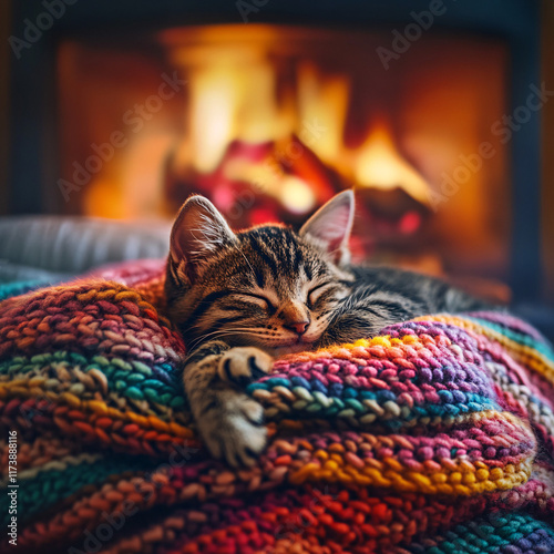 Tabby Cat Relaxing on Colorful Knitted Blankets by a Warm Glowing Fireplace, Emphasizing Cozy Domestic Comfort and Hygge Atmosphere photo