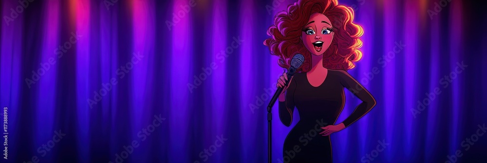 3D animated female stand-up comedian telling joke on stage 3D animated female stand-up comedian telling joke on stage