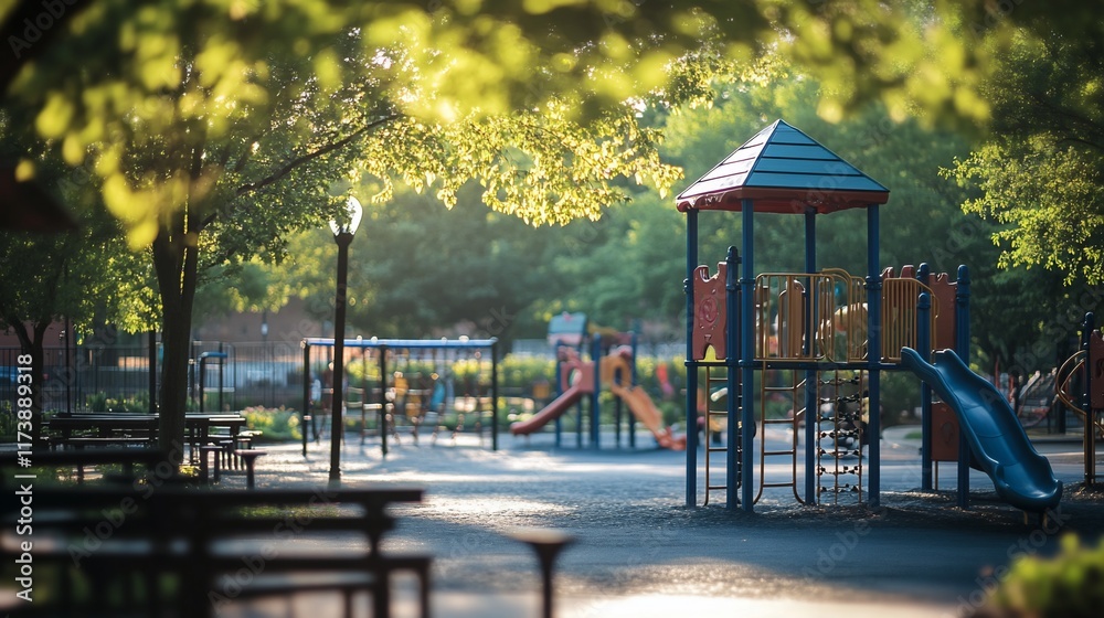 Sunny morning at a playground with slides, swings, and picnic tables. Sunny morning at a playground with slides, swings, and picnic tables.