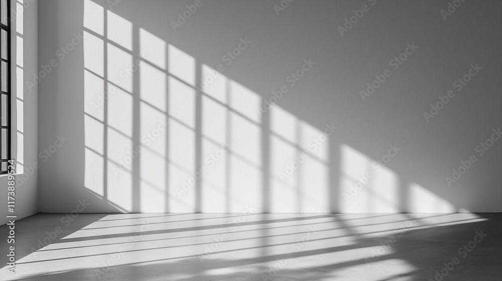 Fototapeta premium Sunlight streams through window casting shadows on a minimalist white room.