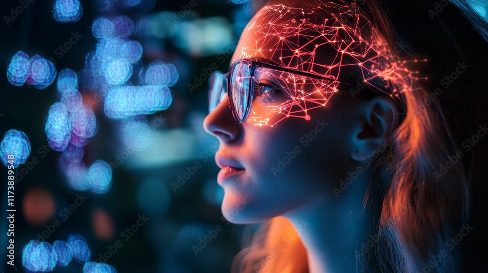 Woman's face, glowing network, blue bokeh background. Woman's face, glowing network, blue bokeh background.