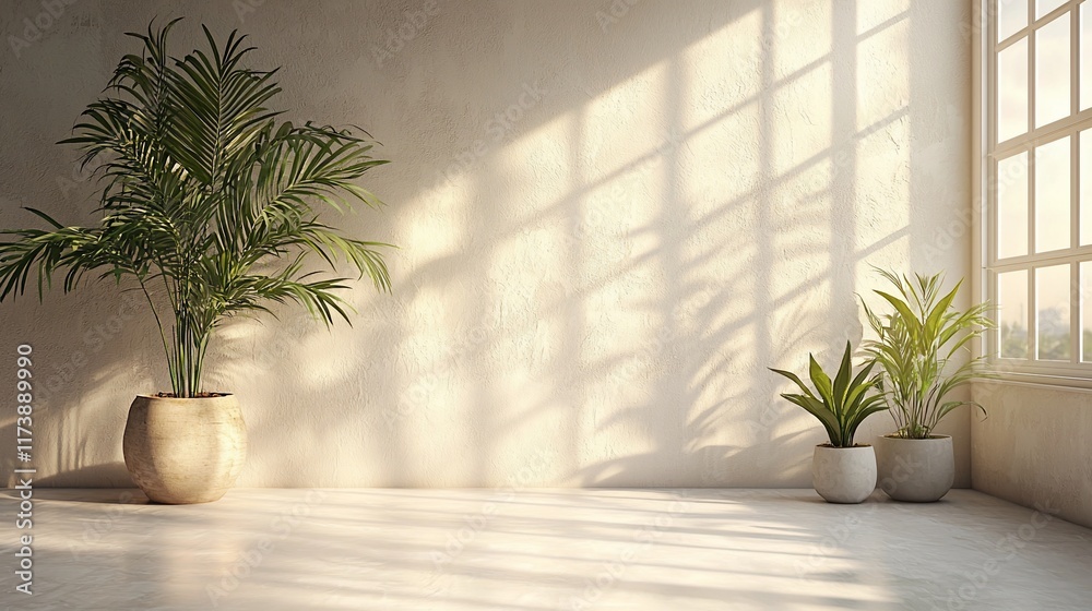 Sunlit minimalist room interior with potted plants. Sunlit minimalist room interior with potted plants.
