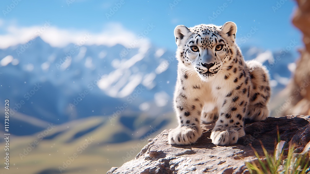 Majestic snow leopard perched on a rock, gazing intensely against a backdrop of snow-capped mountains under a vibrant blue sky. Majestic snow leopard perched on a rock, gazing intensely against a backdrop of snow-capped mountains under a vibrant blue sky.