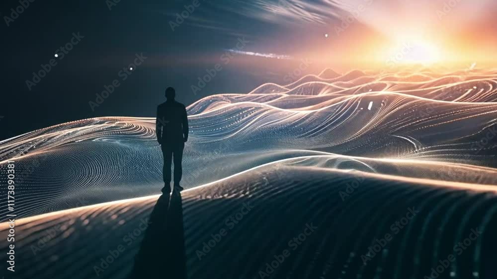 Standing amidst glowing waves of energy, a solitary figure contemplates the universe's infinite flow.