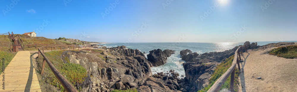 Panoramic view for S. Paio beach in Labruge. Regional Protected Landscape of the Vila do Conde Coast and Mindelo Ornithological Reserve, Portugal Panoramic view for S. Paio beach in Labruge. Regional Protected Landscape of the Vila do Conde Coast and Mindelo Ornithological Reserve, Portugal