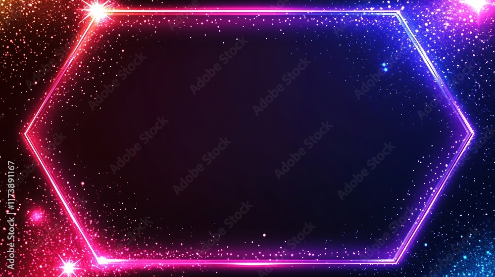 Obraz premium Neon Hexagon Frame with Glittering Particles Background