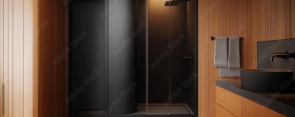 High-tech shower pod with sleek black finishes and customizable steam features High-tech shower pod with sleek black finishes and customizable steam features