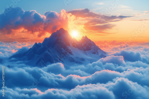 Photo réaliste d’un lever de soleil spectaculaire sur des montagnes, avec des rayons de lumière perçant les nuages et illuminant le sommet photo