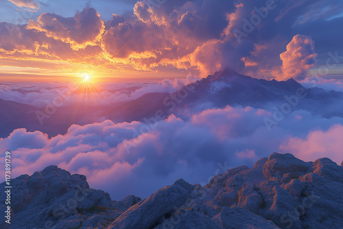 Photo réaliste d’un lever de soleil spectaculaire sur des montagnes, avec des rayons de lumière perçant les nuages et illuminant le sommet photo