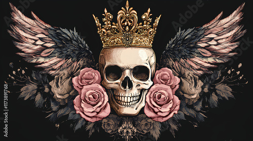 Fototapeta Naklejka Na Ścianę i Meble -  Skull with a crown and roses on it
