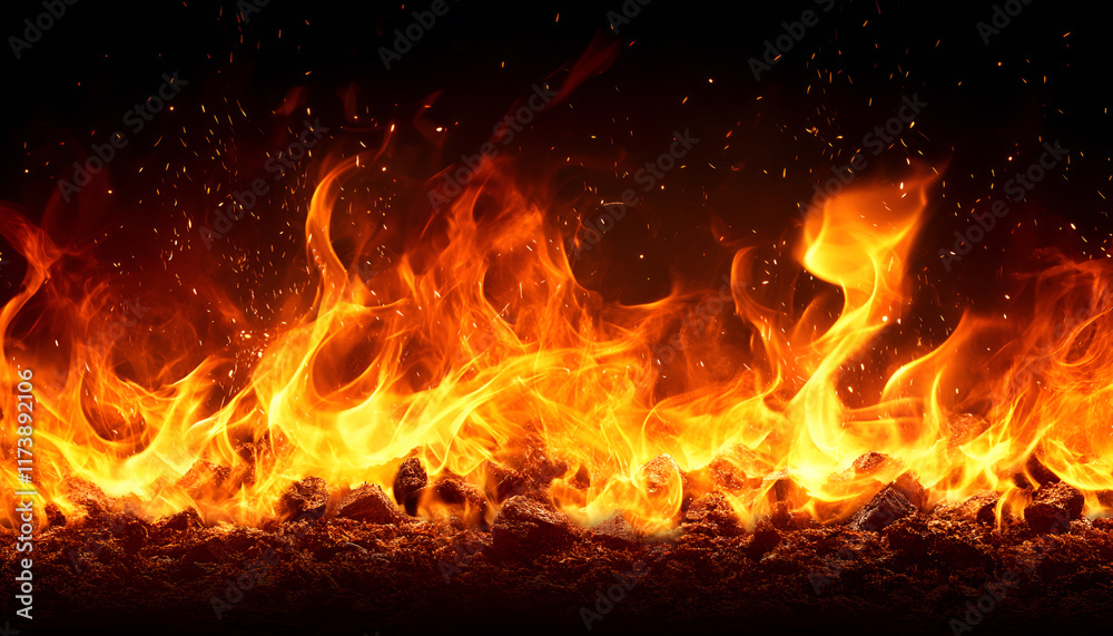 Charcoal For Barbecue Background With Flames Charcoal For Barbecue Background With Flames