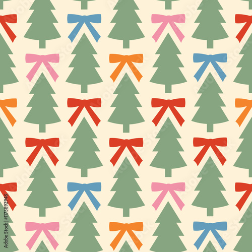 Seamless christmas tree with ball pattern. New Year minimal seamless pattern for background, fabric, textile, wrap, surface, web and print design. Laconic Xmas geometric vector rapport pastel color.