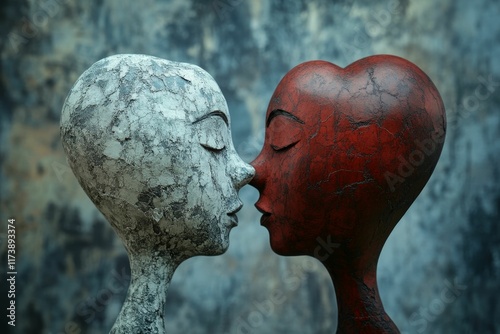Two textured figures, heart-shaped, kissing gently.