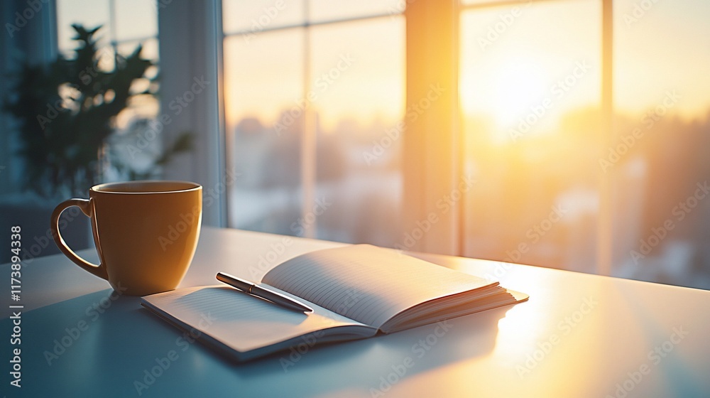 Sunrise view, open notebook, pen, coffee cup on desk. Sunrise view, open notebook, pen, coffee cup on desk.