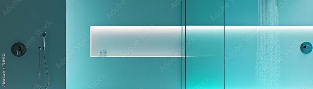 Fototapeta premium Modern spa shower with frameless glass partitions, glowing light strips, and sleek rain heads