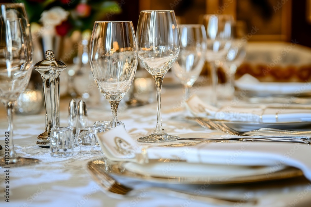 Elegant table setting, glassware, silverware, place cards. Elegant table setting, glassware, silverware, place cards.