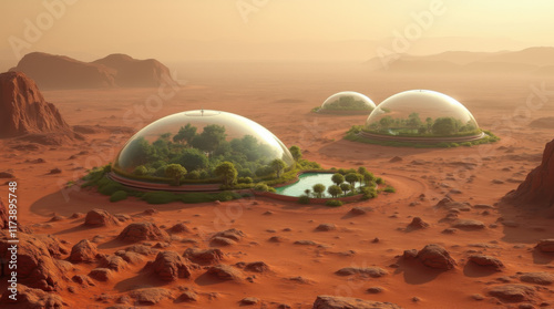 Futuristic domed habitats on Mars showcasing greenery in a barren landscape at sunset