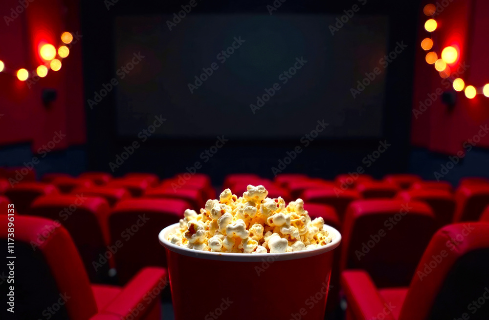 Empty Movie theater in cinema. Close-up of bucket of Popcorn against the background of a Cinema Hall with red seats and a big black screen. copy space Empty Movie theater in cinema. Close-up of bucket of Popcorn against the background of a Cinema Hall with red seats and a big black screen. copy space