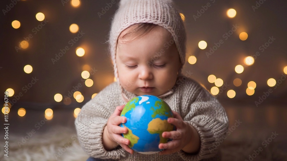 Fototapeta premium A peaceful baby holds a small Earth globe, wearing a knitted hat and sweater, surrounded by gentle, warm lights that create a calming atmosphere
