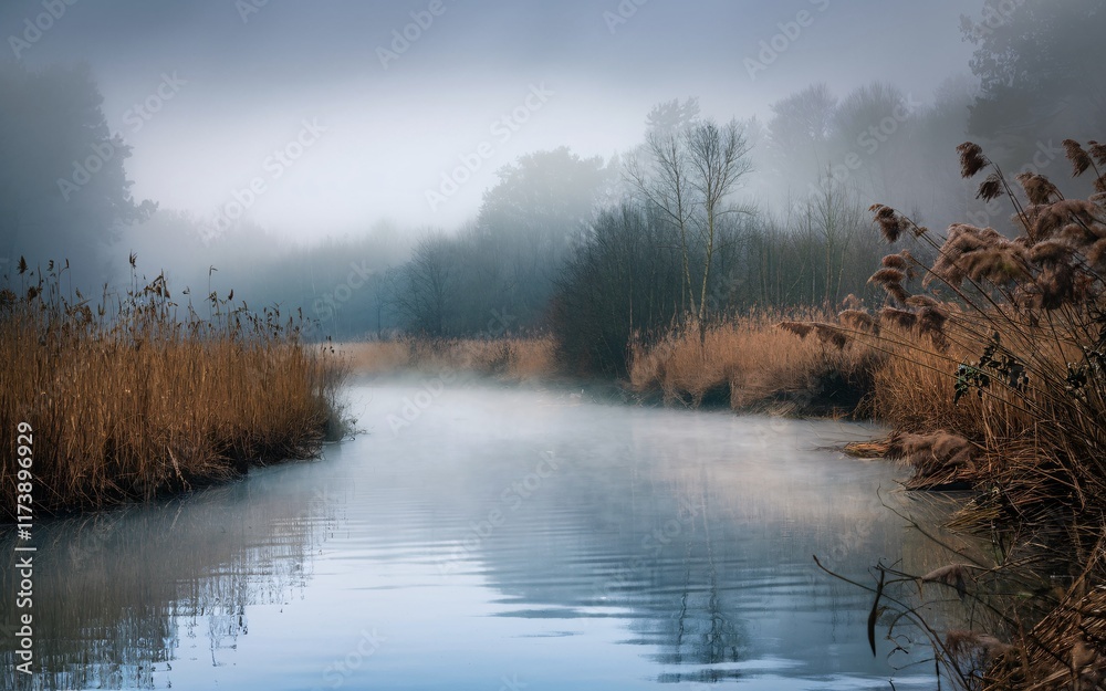 Fototapeta premium Foggy Riverbend, Misty river scene with reeds and trees. (2)