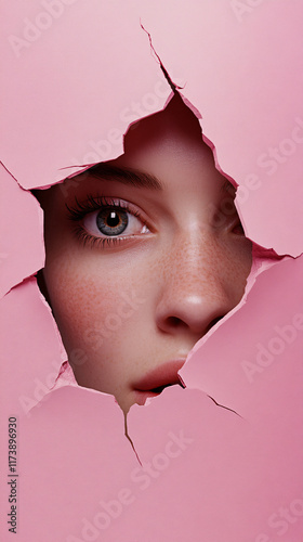 Stylized Portrait of a Woman Peeking Through a Torn Circular Hole in a Pink Background, Highlighting Bold Makeup and a Creative Pop-Art Aesthetic photo