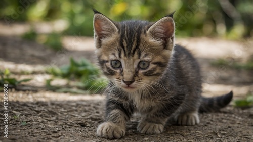 Pequeño gatito rayado con grandes orejas y mirada curiosa, capturado en un entorno natural con plantas y tierra