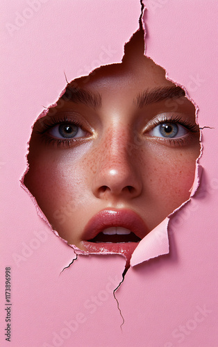 Stylized Portrait of a Woman Peeking Through a Torn Circular Hole in a Pink Background, Highlighting Bold Makeup and a Creative Pop-Art Aesthetic photo