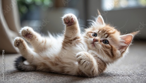 Tierna imagen de un gatito joven de pelaje esponjoso disfrutando de un momento de juego y descanso en el suelo de una casa photo