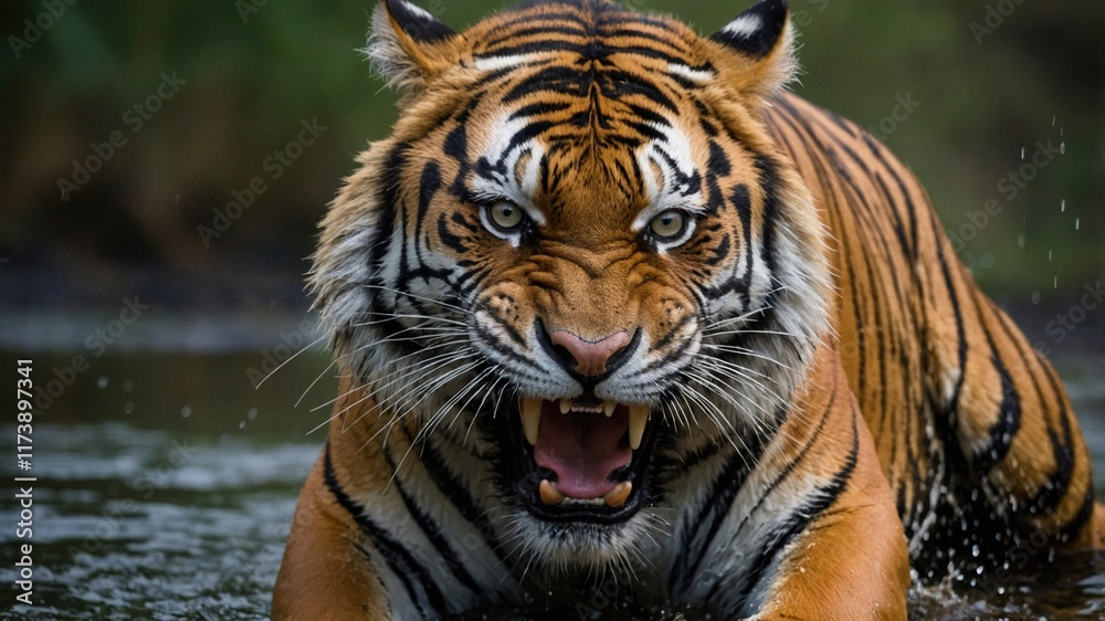 Naklejka premium Tigre siberiano caminando majestuoso a través del agua, mostrando sus dientes y destacando su fuerza en su hábitat natural