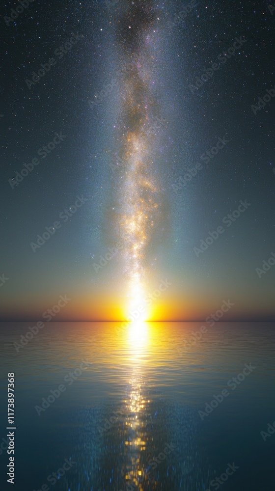 Galactic horizon with rising stars over tranquil waters at sunrise cosmic landscape serene viewpoint celestial concept Galactic horizon with rising stars over tranquil waters at sunrise cosmic landscape serene viewpoint celestial concept