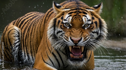 Retrato impactante de un tigre siberiano con el pelaje mojado, rugiendo con intensidad y mostrando su poderosa dentadura photo