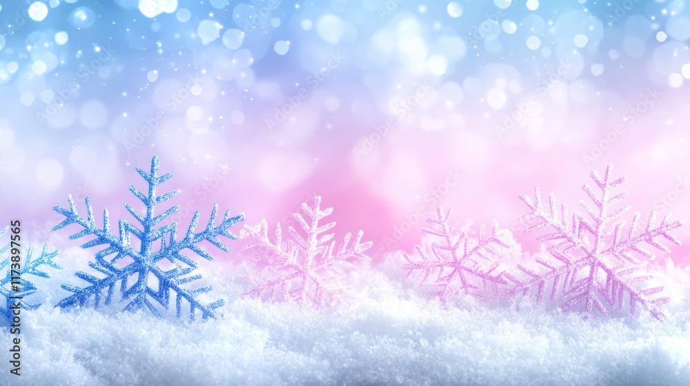 Sparkling snowflakes rest on snow against a dreamy pink and blue bokeh background. Ideal for winter holidays, Christmas cards, or festive social media posts. Sparkling snowflakes rest on snow against a dreamy pink and blue bokeh background. Ideal for winter holidays, Christmas cards, or festive social media posts.