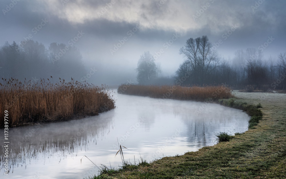 Fototapeta premium Foggy Riverbend, Misty river meandering through serene winter landscape.