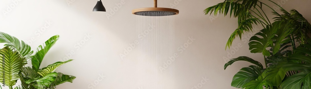 Obraz premium Overhead rain shower in a tropical-inspired spa with lush greenery and natural light