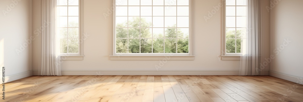 Fototapeta premium Bright and airy interior space with large windows and natural light. Generative AI